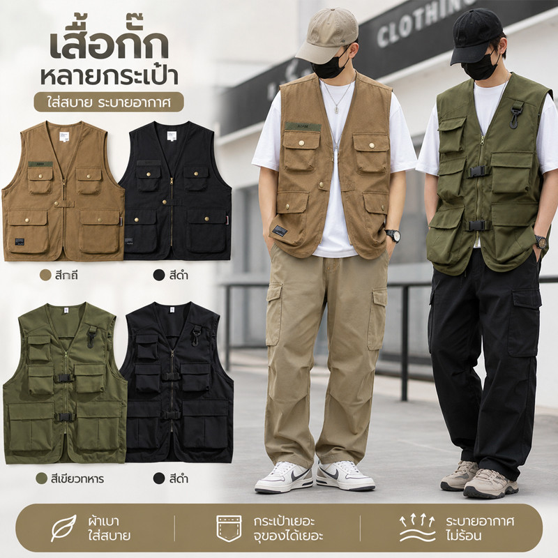 เสื้อกั๊กเดินป่า เสื้อกั๊กผู้ชาย มีซิปด้านหน้า มีหลายกระเป๋า ระบายอากาศดี ใส่ได้ทั้งชายหญิง ทรงหลวม ผ้าเบาทนทาน