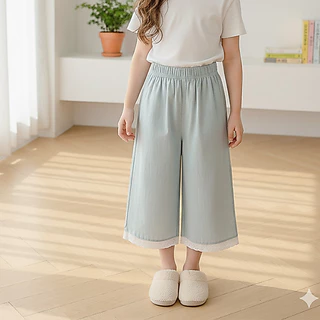 Babyonline(Y490)K1/2 (ส่งด่วน1วัน)กางเกงขายาวขากระบอกแฟชั่นสำหรับเด็กผู้หญิงแต่งผ้าลูกไม้ ผ้าฝ้าย นิ่ม ใส่สบาย