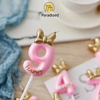 💕เทียนโบว์ สีชมพูน่ารัก เบอร์ 0-9 สําหรับตกแต่งเค้กวันเกิดParadised