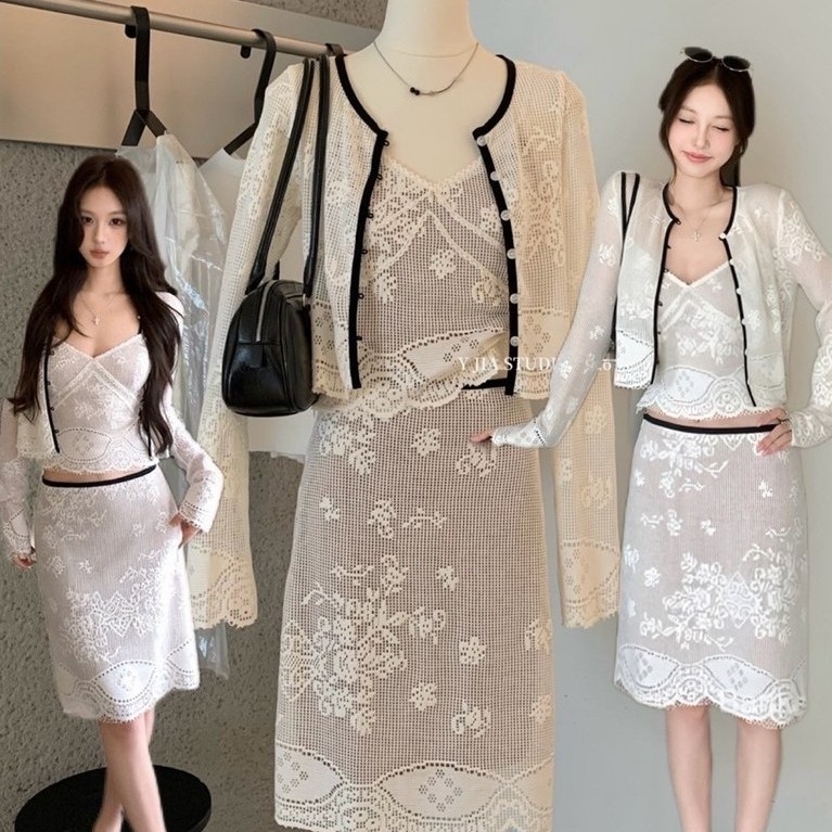 Y.JIA : set 3 pcs. เสื้อสายเดี่ยว งานผ้าฉลุลายสวย ซิปด้านข้าง มีซับใน + เสื้อคลุมแขนยาว + กระโปรง