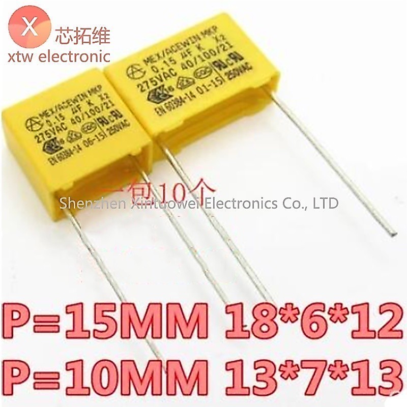 (10 ชิ้น) ความปลอดภัย Capacitance 0.15UF 275VAC 154 MKP X2 250V-310V 275V154K Pin Pitch = 15 มม.