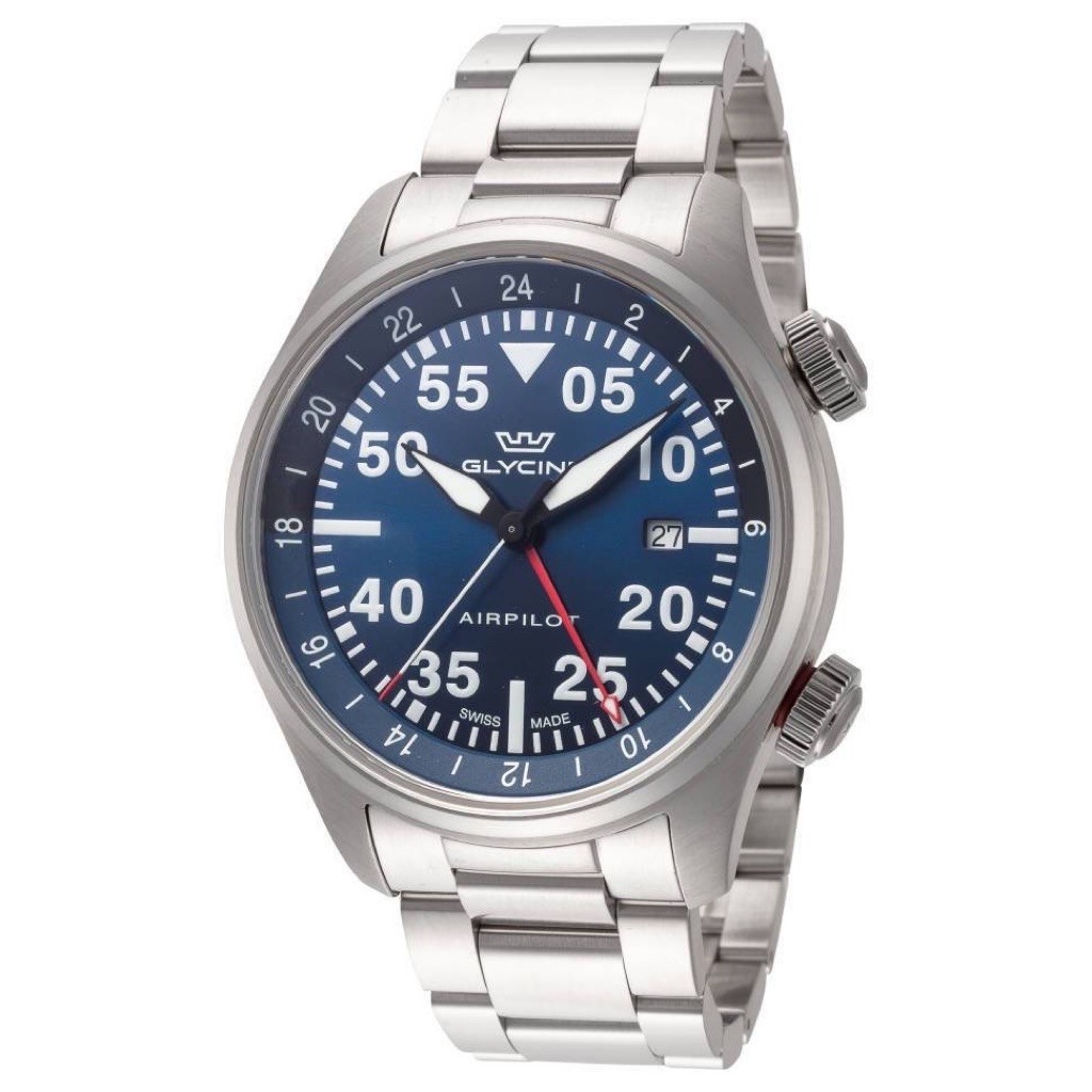 นาฬิกา GLYCINE MEN'S GL0348 AIRPILOT GMT QUARTZ BLUE DIAL STAINLESS STEEL WATCH 44 MM พร้อมกล่อง (ให