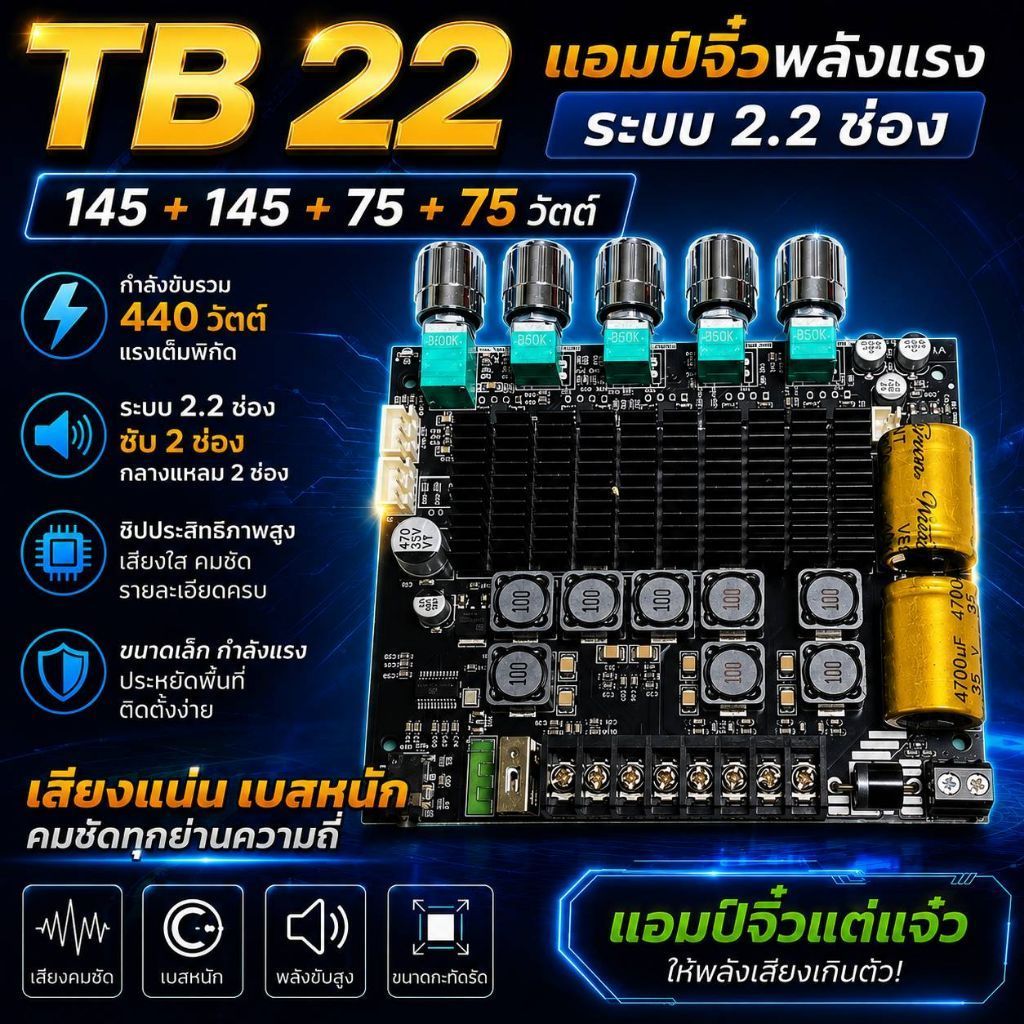 TB22 แอมป์จิ๋ว 2.2 ช่อง 440W 145W+145W+75W+75W ช่องซับปรับได้อิสระBy เฮียแจ๋วสวนมะลิ