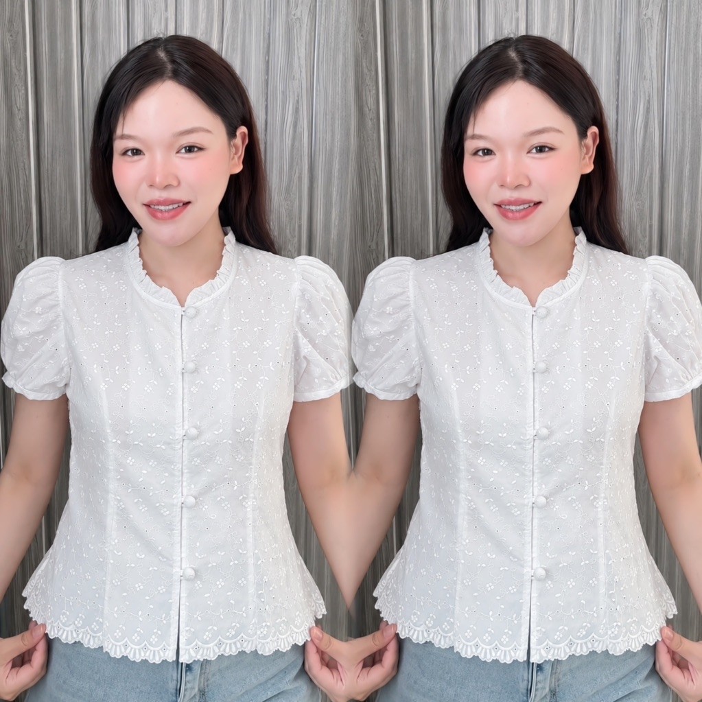เสื้อลูกไม้ฉลุคอระบายกระดุมหน้า แขนใหญ่ใส่ได้ไม่รัด(แขนตุ๊กตา)