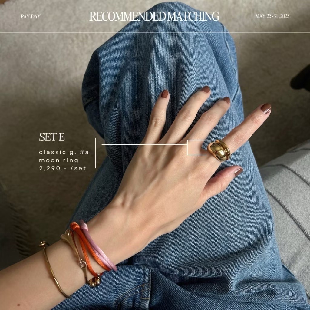 Used** ส่งต่อ grumpy, SET : E moon ring + classic g. ring #a(รุ่นบางสีทอง) gold (size50) set 2 ชิ้น*