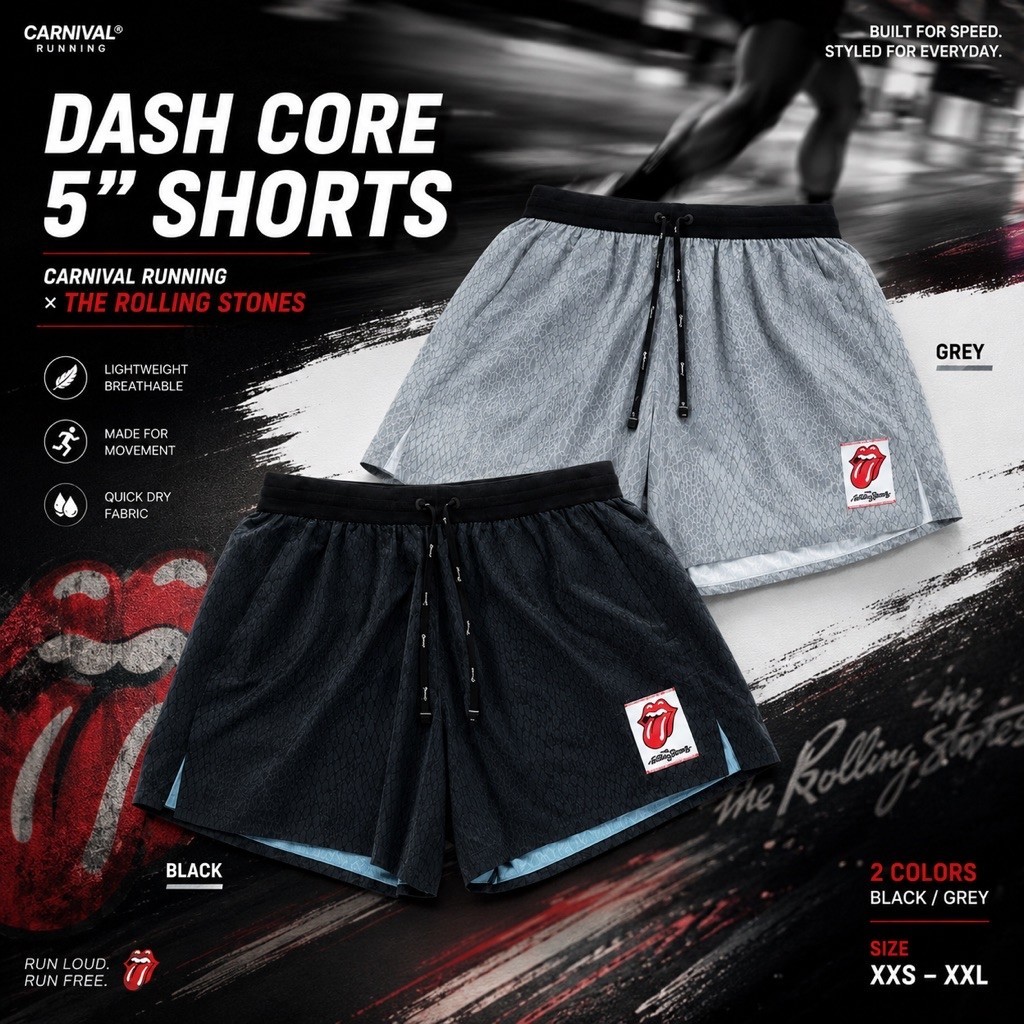 ( มือ1ของแท้พร้อมส่ง)( กทม.ส่งด่วน) กางเกงวิ่ง CARNIVAL RUNNING x THE ROLLING STONES DASH CORE 5" SHORTS