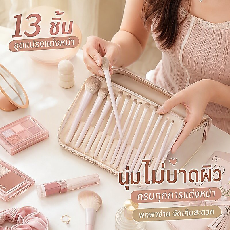 ชุดแปรงแต่งหน้า 13ชิ้น พร้อมซองพกพา ขนแปรงนุ่ม ใยสังเคราะห์ แปรงอายแชโดว์ ปัดแก้ม คอนทัวร์