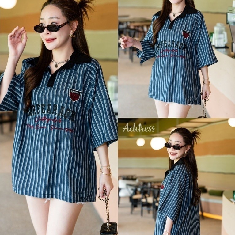 🌈🌿🌺🌸🌼💙🇰🇷 Jeans Cotton Stripe Collar Embroidery Top
