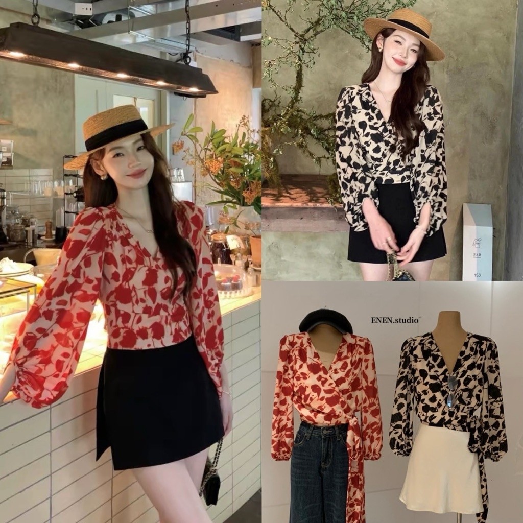 10911# เสื้อแขนยาวคอวี ไขว้หน้า มีเชือกผูกโบว์ด้านหลังลายสวยมีซับใน เนื้อผ้าดี งานสวย  TAG:WG.WE 🇰🇷