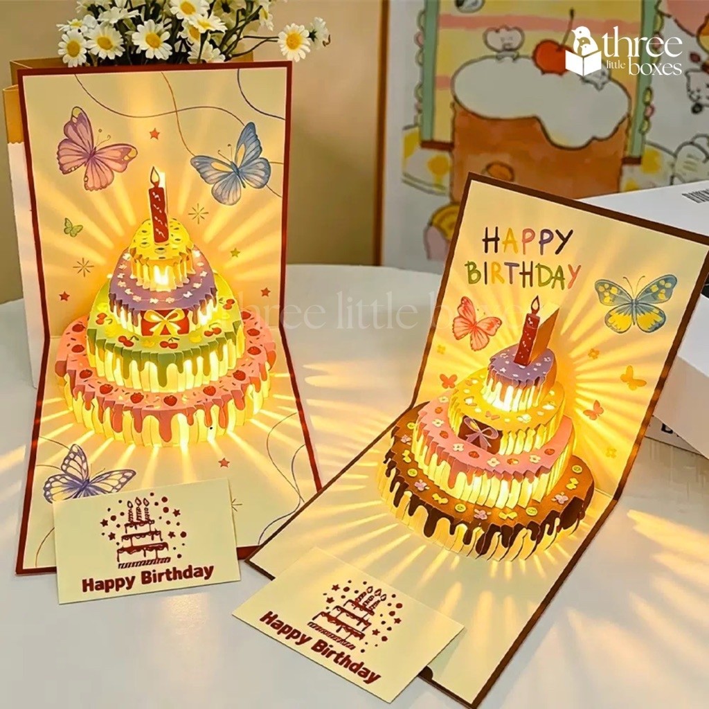 การ์ดวันเกิด Pop up 3D มีไฟและดนตรีHappy birthday ขนาด15x15cm. พร้อมการ์ดอวยพรและซอง การ์ดอวยพร