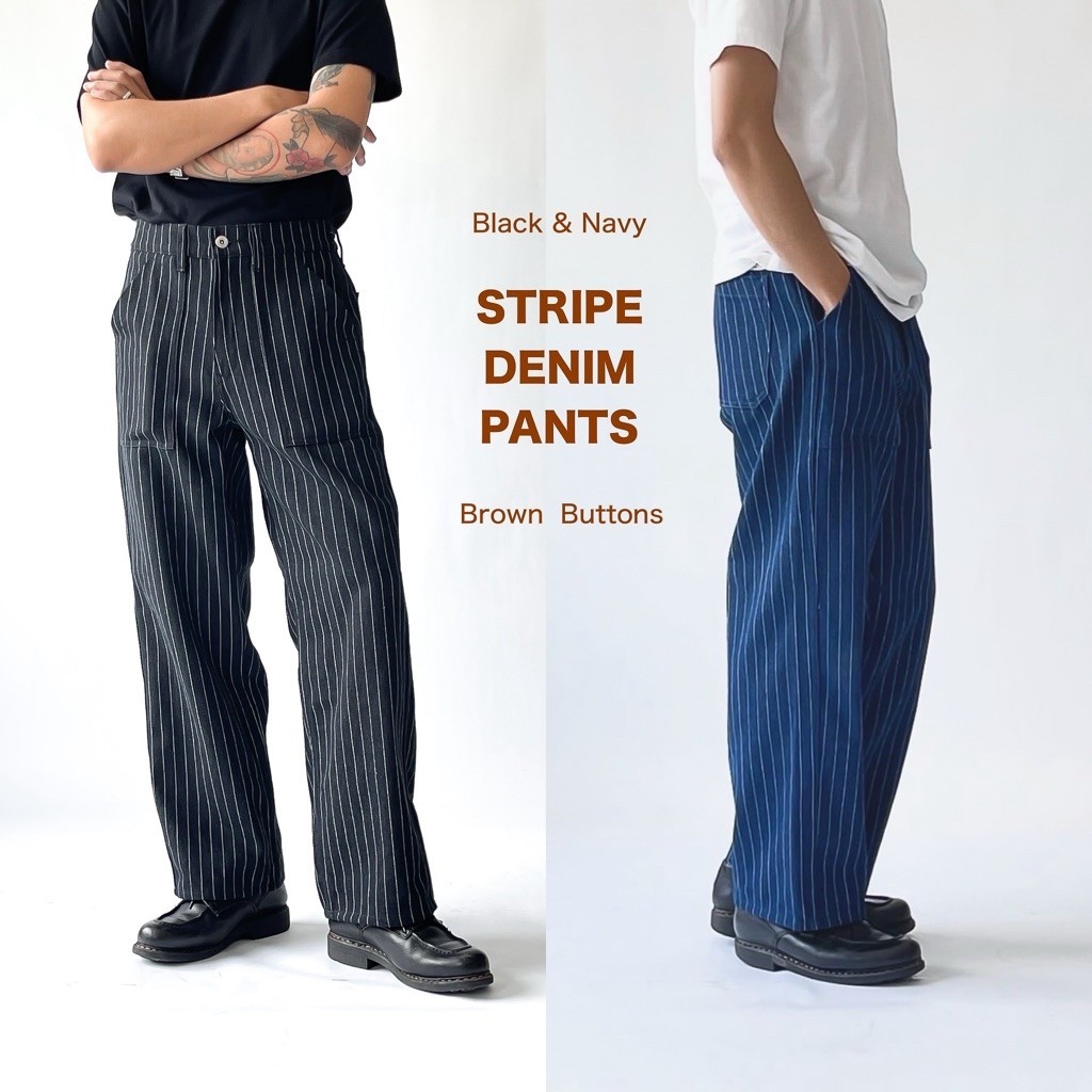 BROWN BUTTONS STRIPED DENIM PANTS กางเกงลายเส้น ผ้ายีนส์ ทรงกระบอกตรง