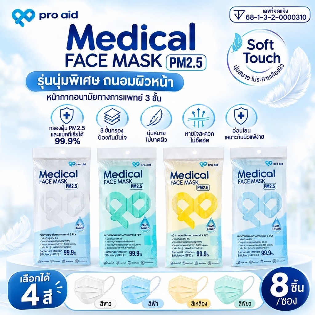 Pro Aid หน้ากากอนามัยทางการแพทย์ 3 ชั้น Level. 3 [Soft Touch] 8 ชิ้น/ซอง รุ่นนุ่มพิเศษ ถนอมผิวหน้า