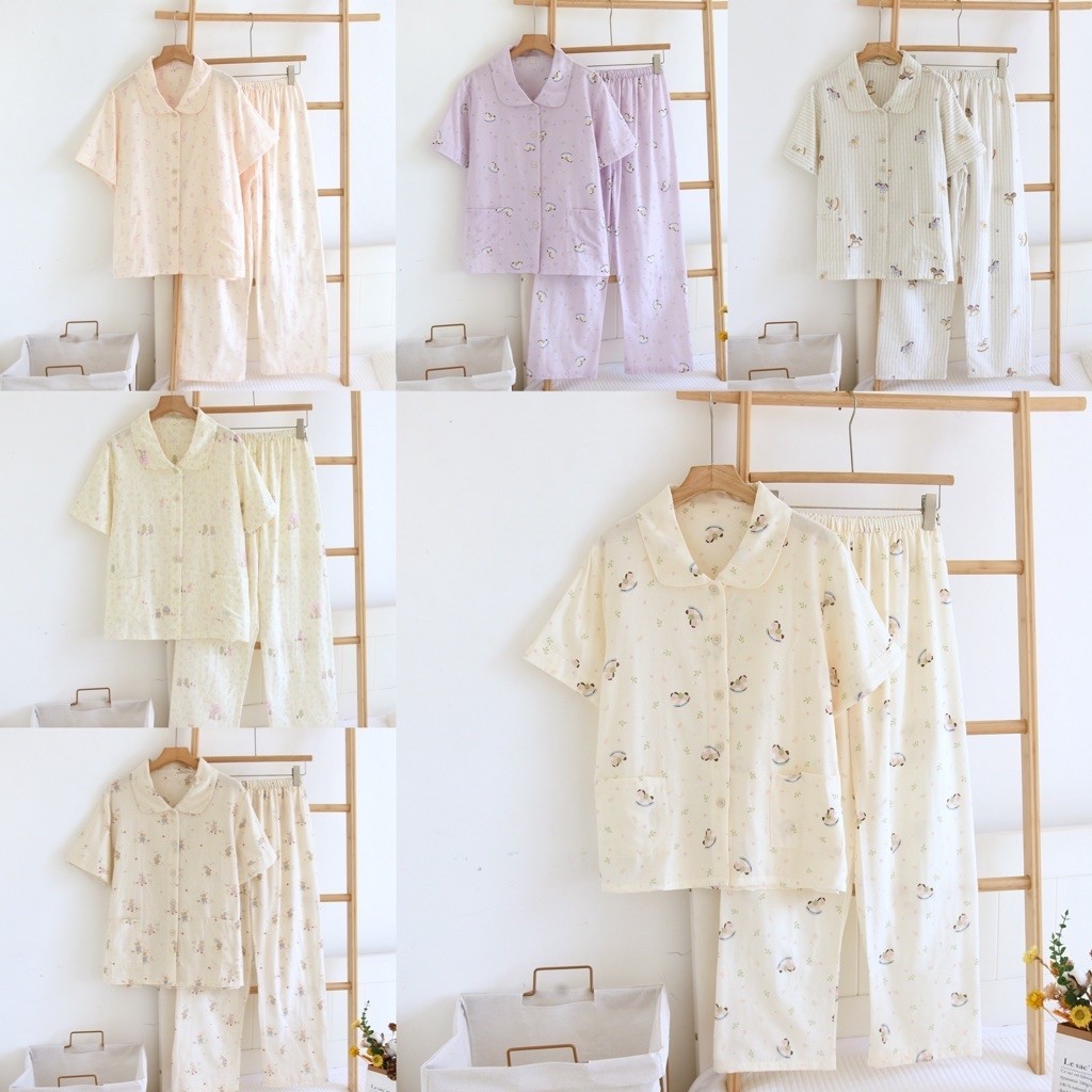 ชุดนอนผ้าฝ้ายมัสลิน เสื้อแขนสั้นกางเกงขายาว 🚚พร้อมส่ง🚛