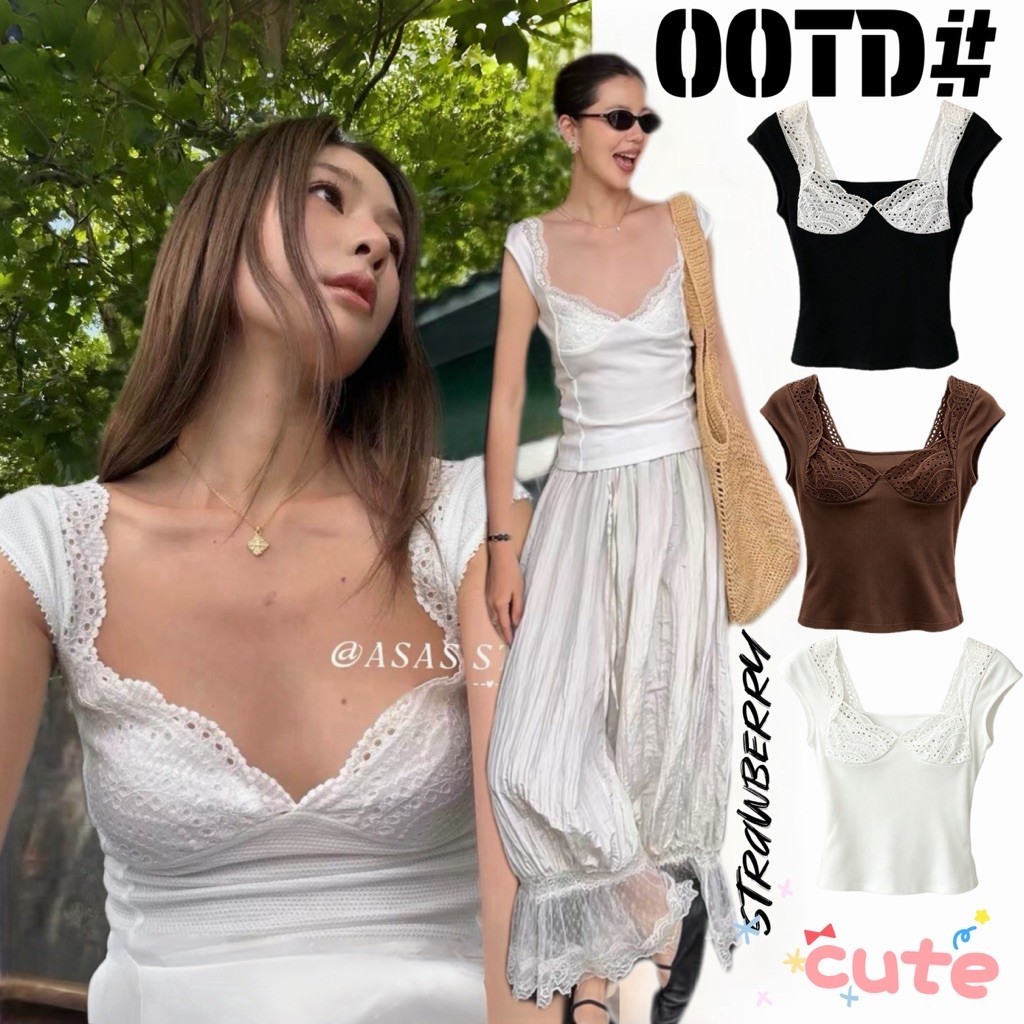 STRพร้อมส่ง เสื้อยืดแขนสั้นสีขาว เสื้อคุณหนู คอวีแต่งลูกไม้ เซ็กซี่โชว์หน้าอก เสื้อทรงเข้ารูปดีไซน์สวย แฟชั่นผู้หญิง
