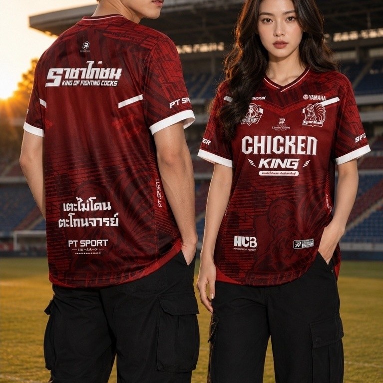 เสื้อกีฬา ไก่ชน แขนสั้น คอวี พิมพ์ลายทั้งตัว ผลิตจากผ้าไมโครสปอร์ต ชนิดพิเศษ ใส่ได้ทั้งชายและหญิง ขายดี