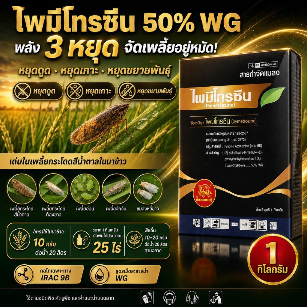 ไพมีโทรซีน 50% WG ตราม้าทองเศรษฐี ขนาด 1 กก.พลัง 3 หยุด! หยุดดูด หยุดเกาะ หยุดขยายพันธุ์ จัดเพลี้ยกระโดดสีน้ำตาลอยู่หมัด