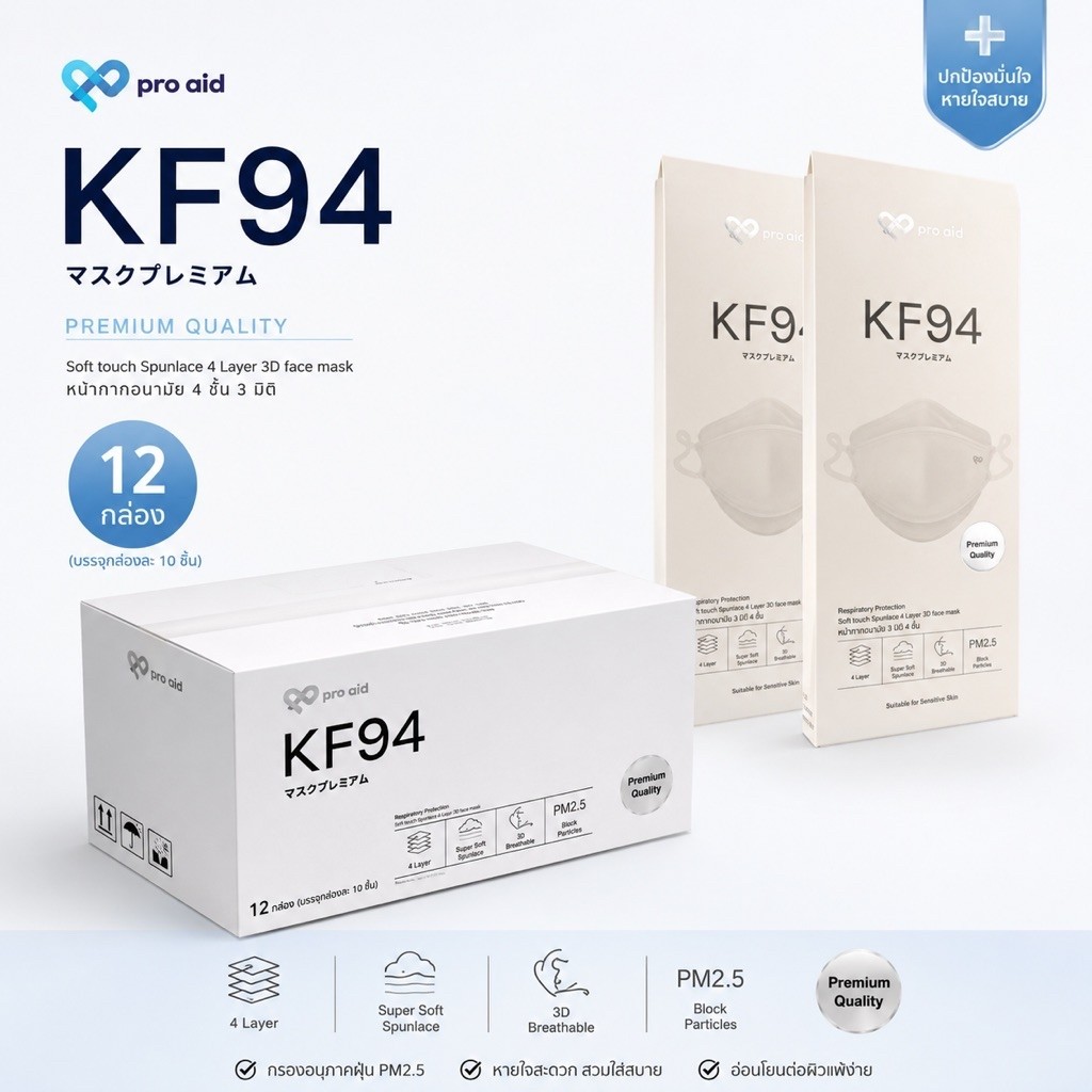 [ยกลัง 12 กล่อง] Pro Aid KF94 No.1 หน้ากากอนามัย 3 มิติ 4 ชั้น ผ้านุ่มพิเศษ ถนอมผิวหน้า [10 ซอง/กล่อง] ระดับป้องกัน 3