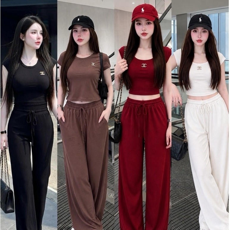 พร้อมส่ง ชุดเซ็ท3ชิ้น เสื้อ+เข็มกลัด+กางเกงขายาว ผ้านุ่มนิ่มมาก