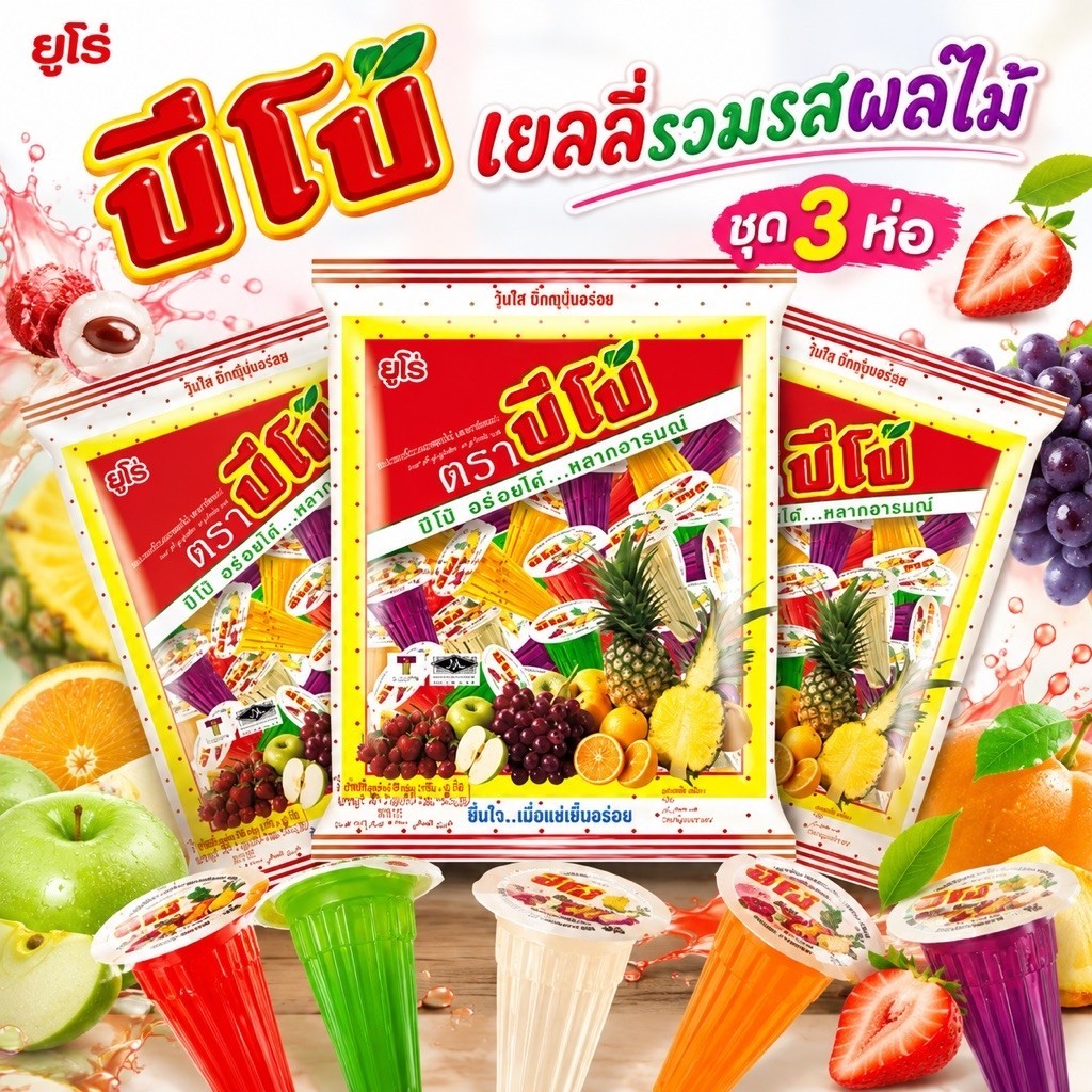 [3 ห่อ]ปีโป้ เยลลี่ ขนาด 634.5 กรัม (27 ถ้วย) คละรสชาติ