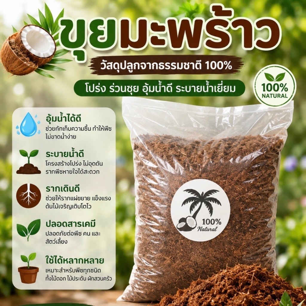 ขุยมะพร้าว 950กรัม ล้างสานแทนนินแล้ว วัสดุปลูก อุ้มน้ำ ระบายอากาศดี เพาะเมล็ด ตอนกิ่ง ผสมดินปลูก