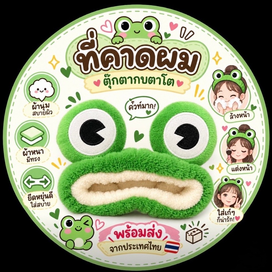 ที่คาดผมกบน้อยตาโต สีเขียวสุดคิวท์ ผ้านุ่มยืดหยุ่น พร้อมส่งจากไทย