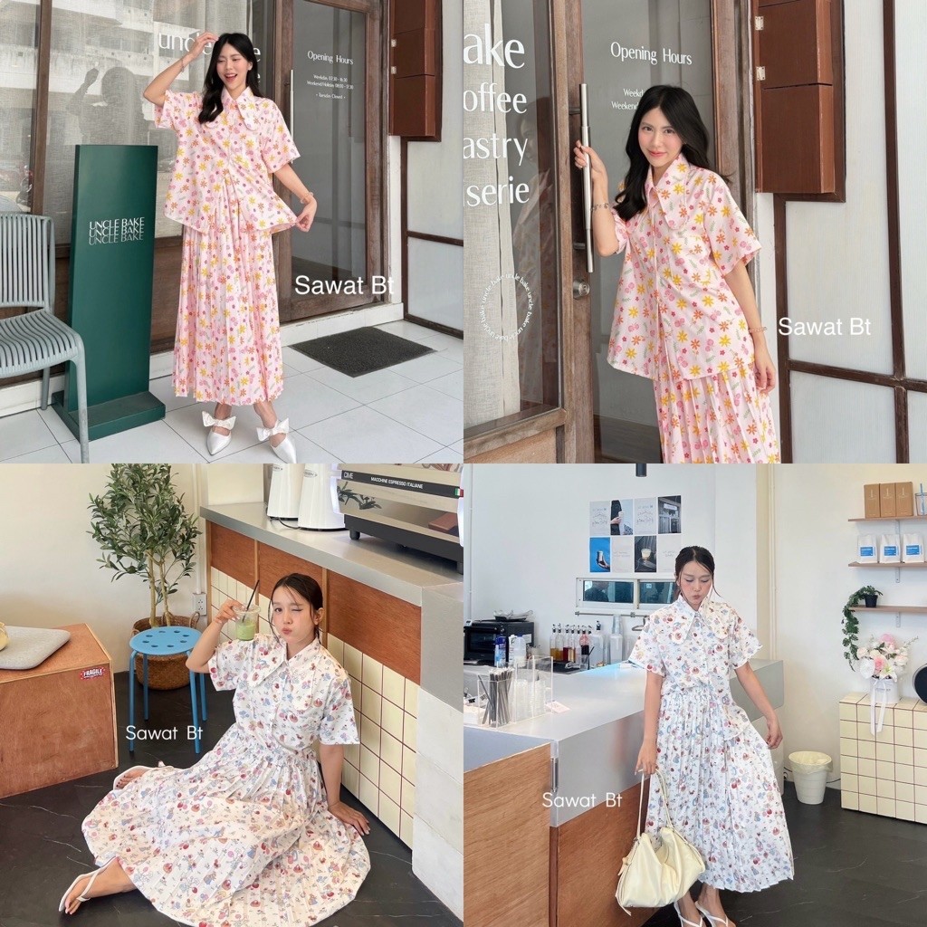 sawatbt "berry set"เสื้อแขนสั้นปกผีเสื้อทรงพอดีตัวมาคู่กับกป อัดพลีท
