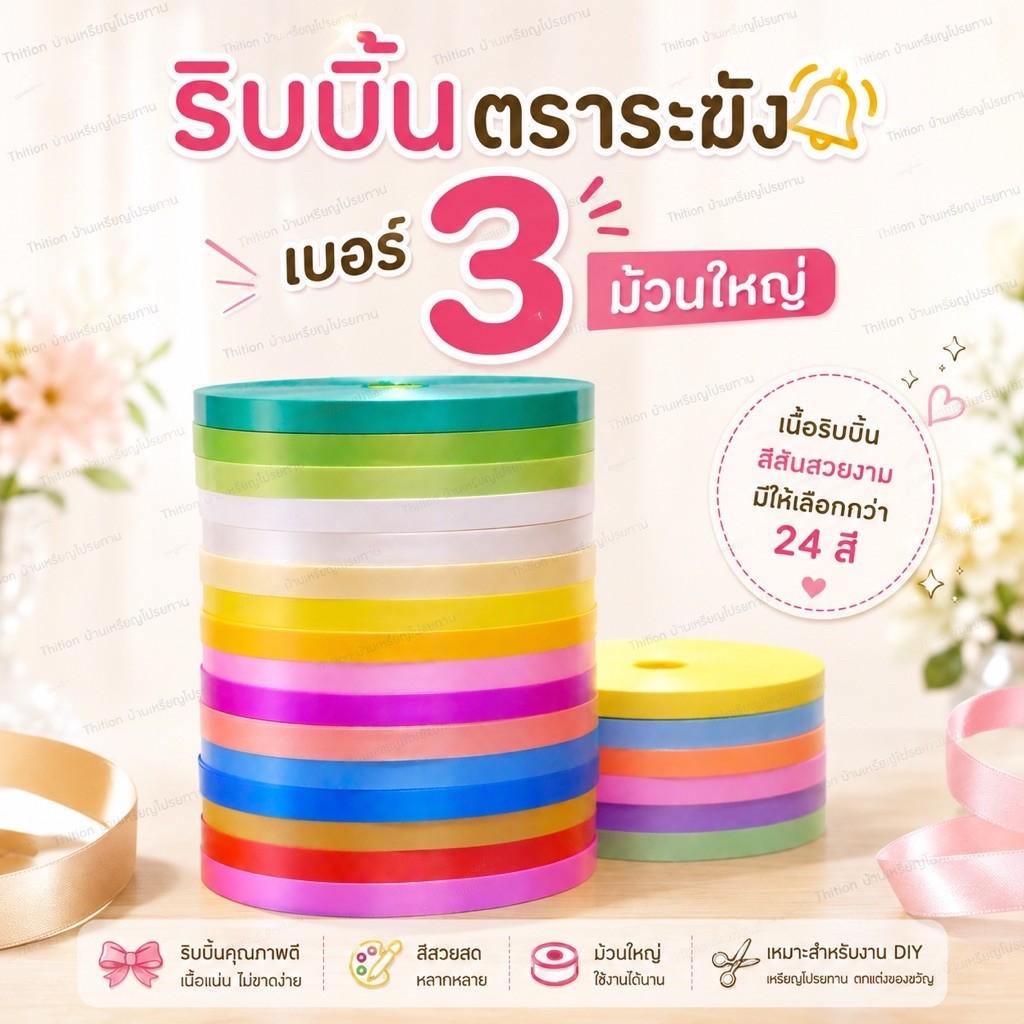 ริบบิ้น ตราระฆัง เบอร์ 3 ( 15 มิล ) เนื้อทราย ยาว 300-320 หลา ( ขนาดแต่ละม้วนอาจจะไม่เท่ากัน ) ม้วนใหญ่ ราคาต่อ 1 ม้วน