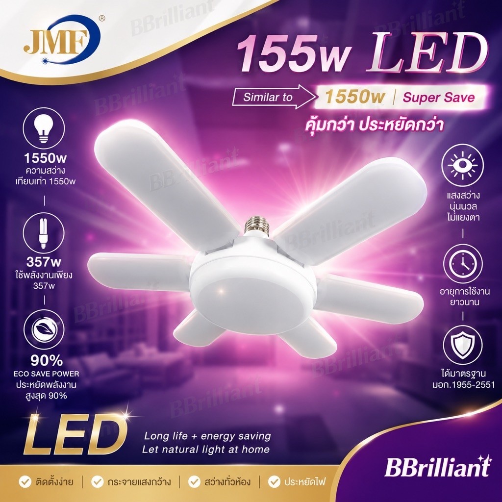 หลอดไฟ LED 95Wทรงใบพัด 4 ใบพัด (แสงขาว หรือ เเสงเหลือง) พับได้ รุ่นJMf-E27-75W-54A-Songรุ่น45w95w105