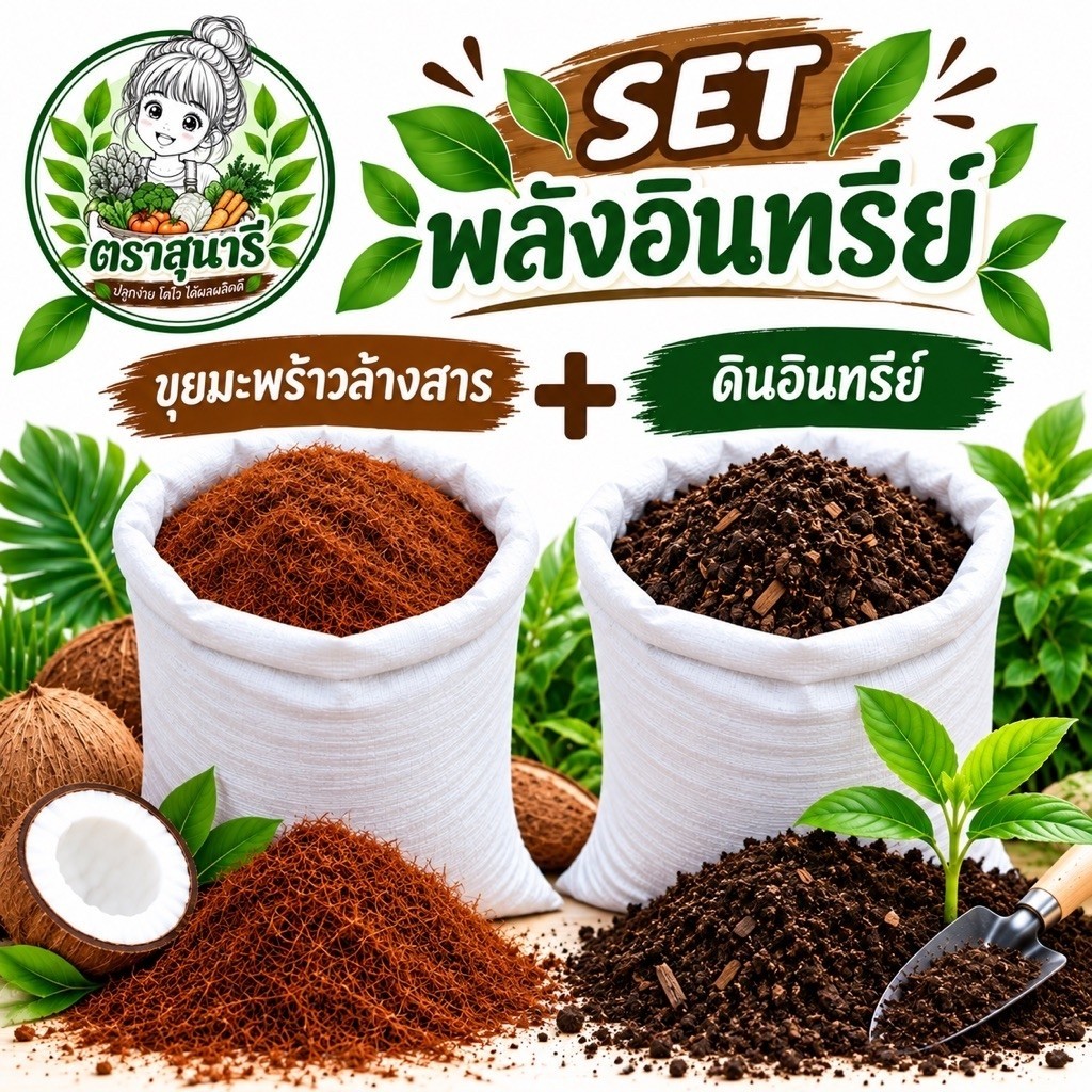 Set พลังอินทรีย์ = ขุยมะพร้าวล้างสาร 1 กก. ดินอินทรีย์ชีวภาพ 1 กก.(รวม 2 กก.)