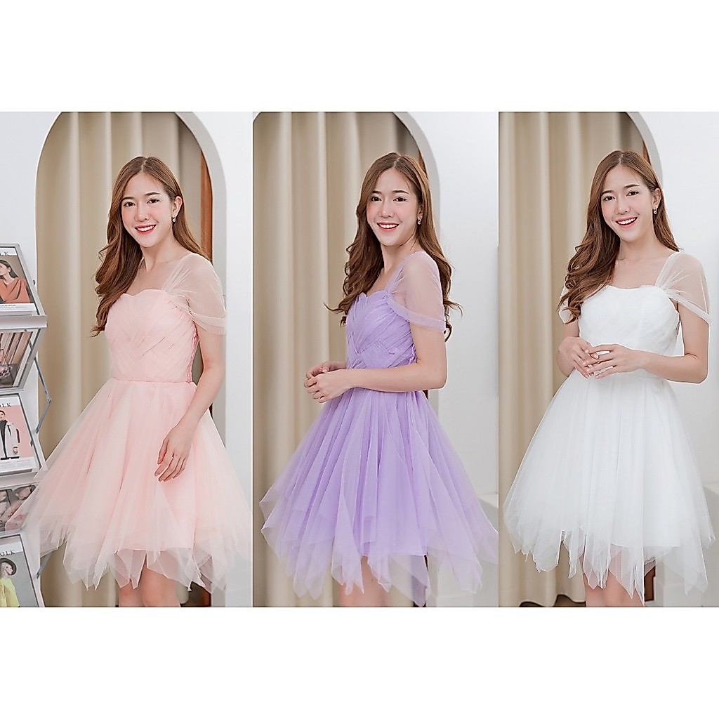 (พร้อมส่ง) กระโปรงบานสีม่วง เดรสเจ้าหญิงสีม่วง เดรสถ่ายพรีเวดดิ้ง