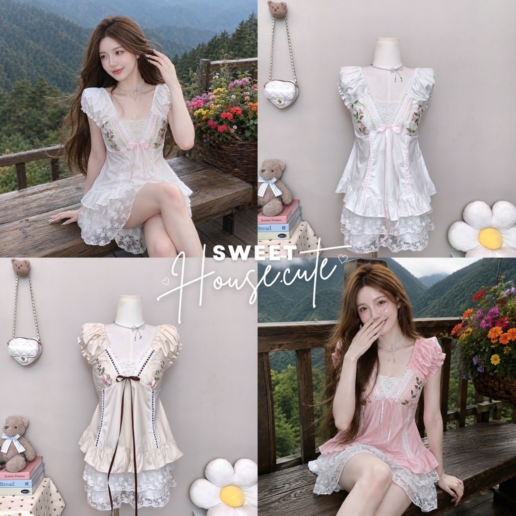 🧸 SweetHouse #767 🌻 เสื้อแขนตุ๊กตาปักดอกไม้ แต่งลูกไม้ผูกโบว์ + กระโปรงลูกไม้ สไตล์เกาหลีสาวหวาน