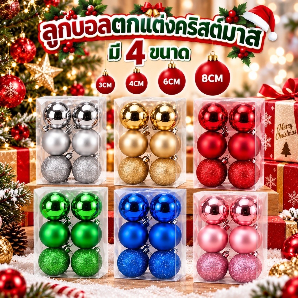 พร้อมส่ง ลูกบอลคริสต์มาส สําหรับตกแต่งต้นคริสต์มาส ตรุษจีน ขนาดใหญ่ 8cm 6ชิ้น คริสต์มาสปาร์ตี้ Christmas