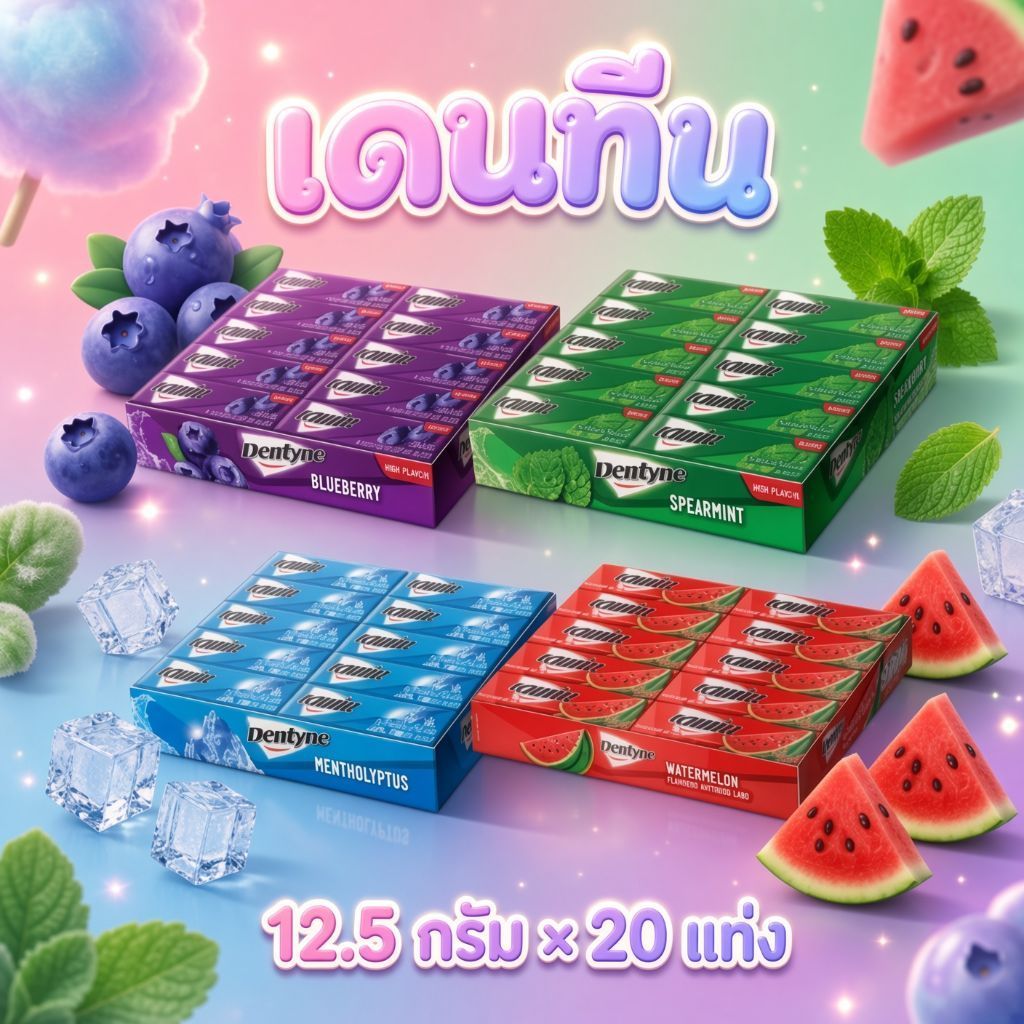 [แพ็ค20แท่ง]​ Dentyne​ เดนทีน​ หมากฝรั่ง​ กลิ่นสเปียร์มินต์​ กลิ่นบลูเบอร์รี่​ กลิ่นแตงโม​ กลิ่นเมนโทลิปตัส​ 12.5g