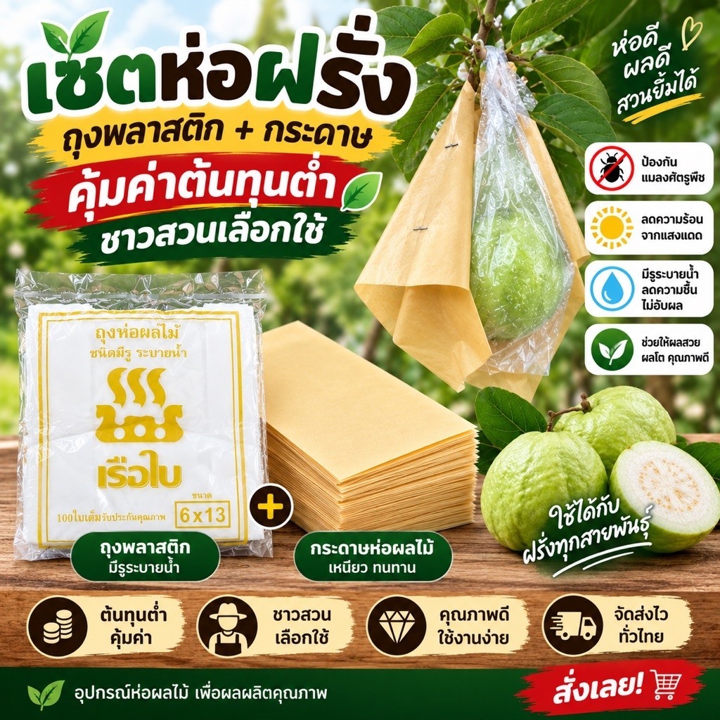 ถุงห่อฝรั่ง 1500 ใบ (กระดาษ+ถุงพลาสติก 6x13 นิ้ว) ต้นทุนต่ำ ใช้ซ้ำได้