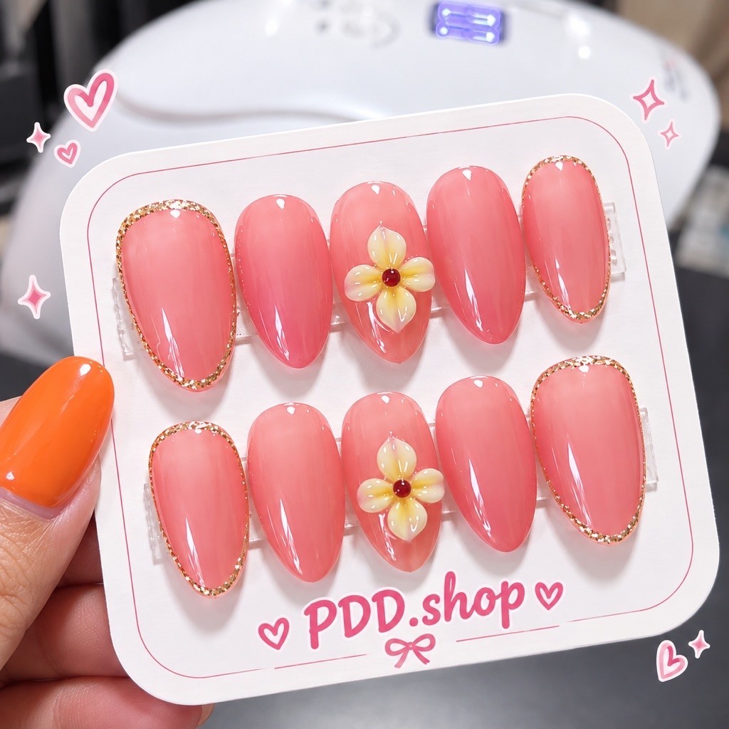 เล็บปลอมพร้อมติด แฮนด์เมด ลายแฟชั่น นู้ดชมพู กลิตเตอร์ อะไหล่ งานเจล PDD.shop 💅🏻✨