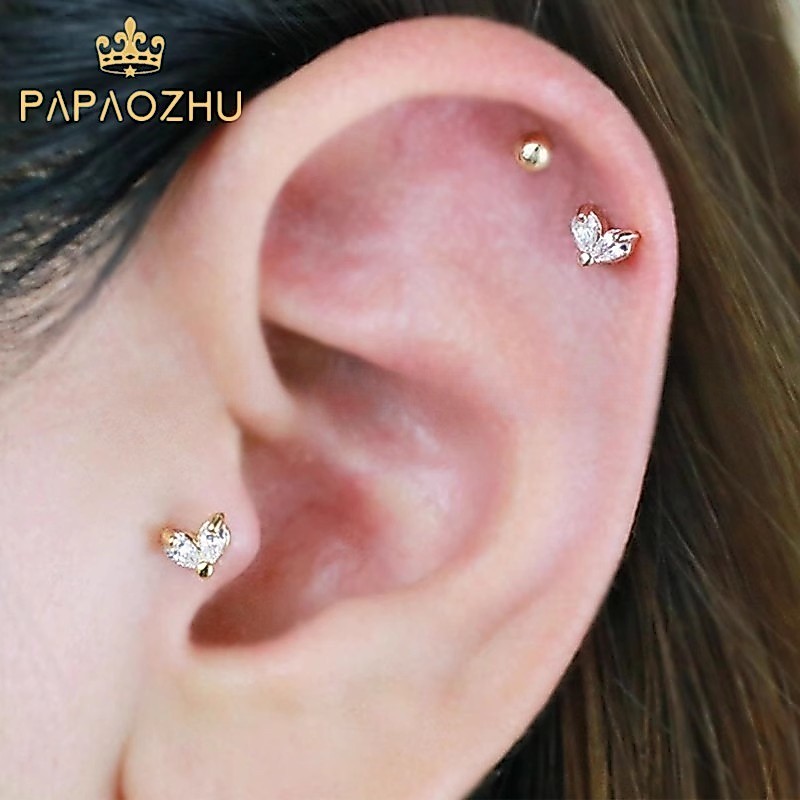 Papaozhu เกาหลี 14K Gold Mini คริสตัลหัวใจสกรูต่างหูผู้หญิง Hypoallergenic เจาะหู Studs เครื่องประดับของขวัญ