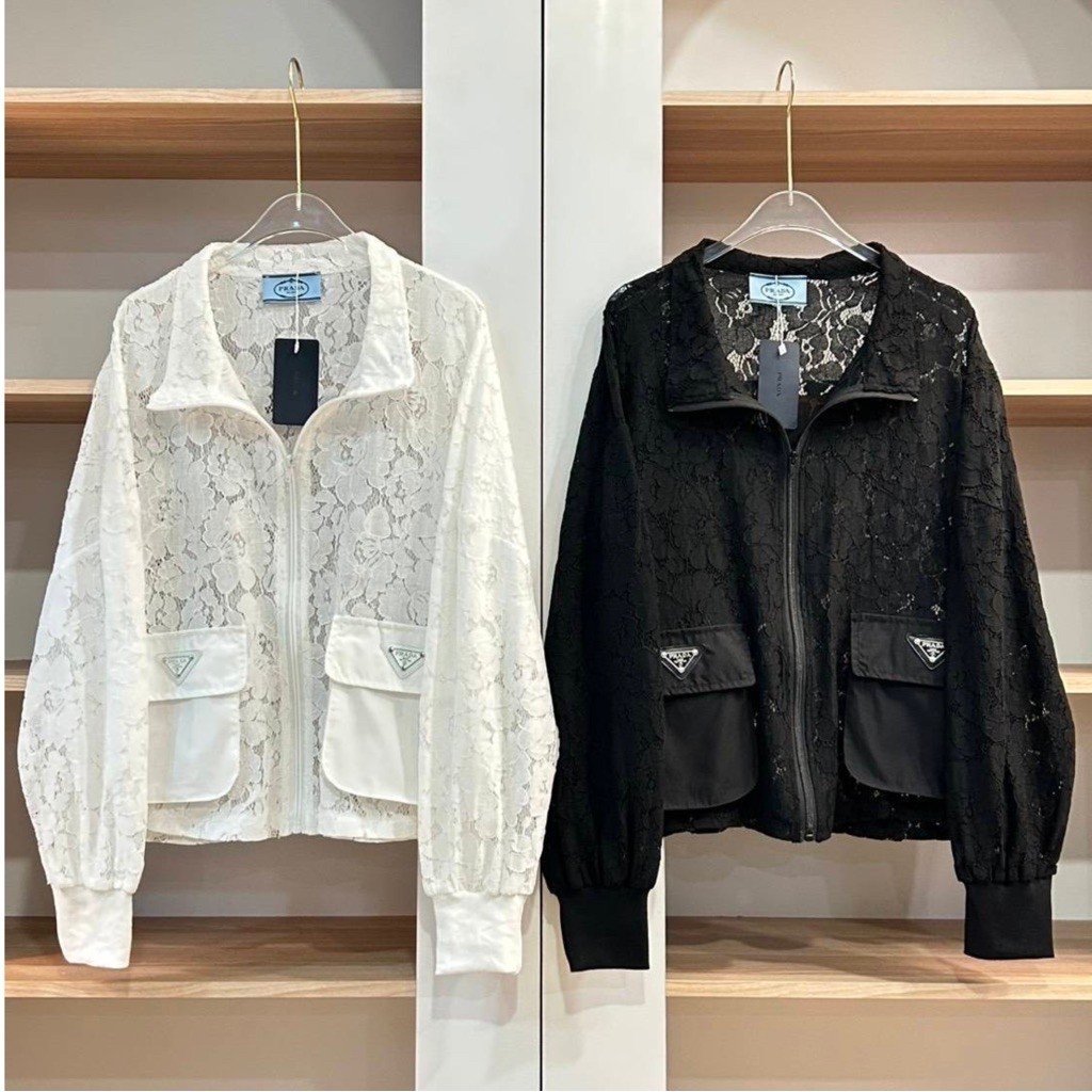 เสื้อแจ็คเก็ตผ้าลูกไม้ลายดอกไม้เนื้อลูกไม้หนานิ่มใส่สบายดีไซน์ซิปหน้าแต่งกระเป๋า(ไม่มีซับใน)