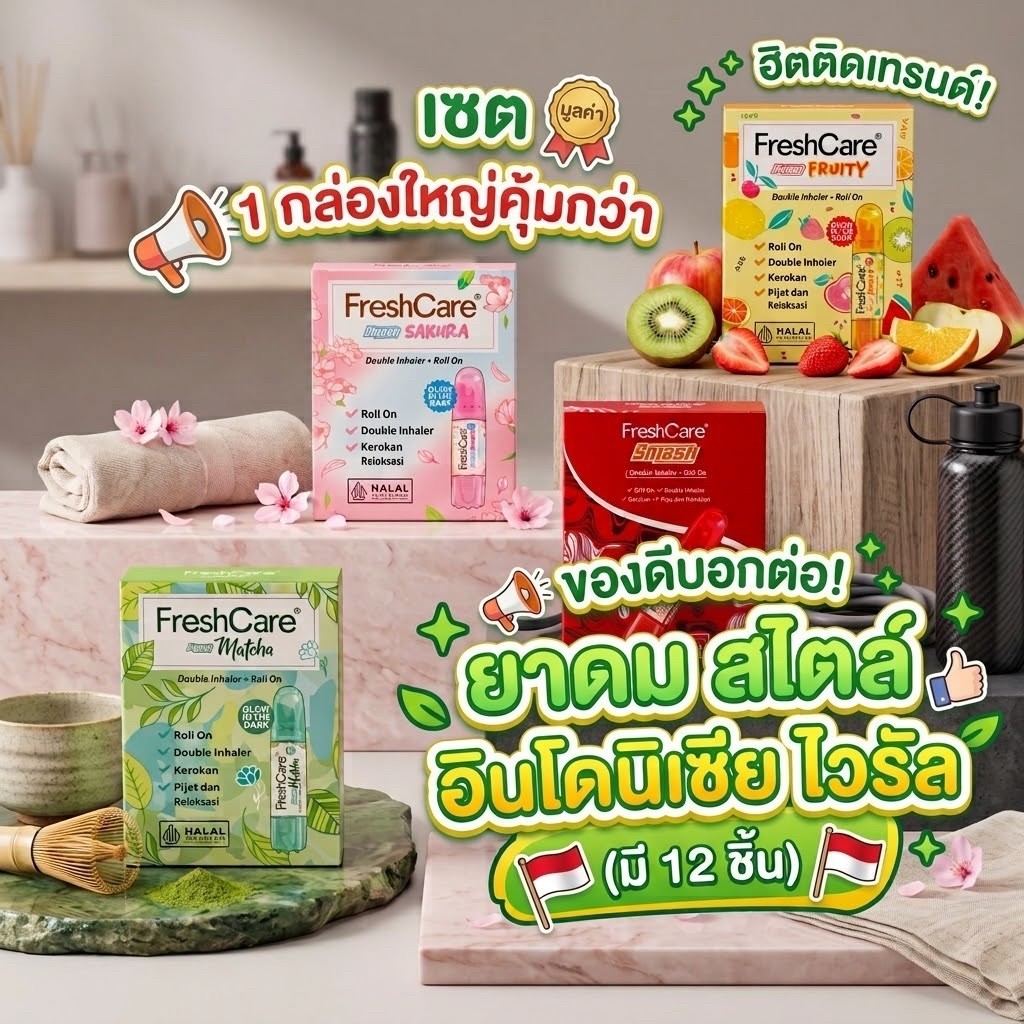 เซต กล่องใหญ 12 ชิ้น ยาดมอินโด เฟรชแคร์ Fresh Care 4 in 1 มี 4 กลิ่น