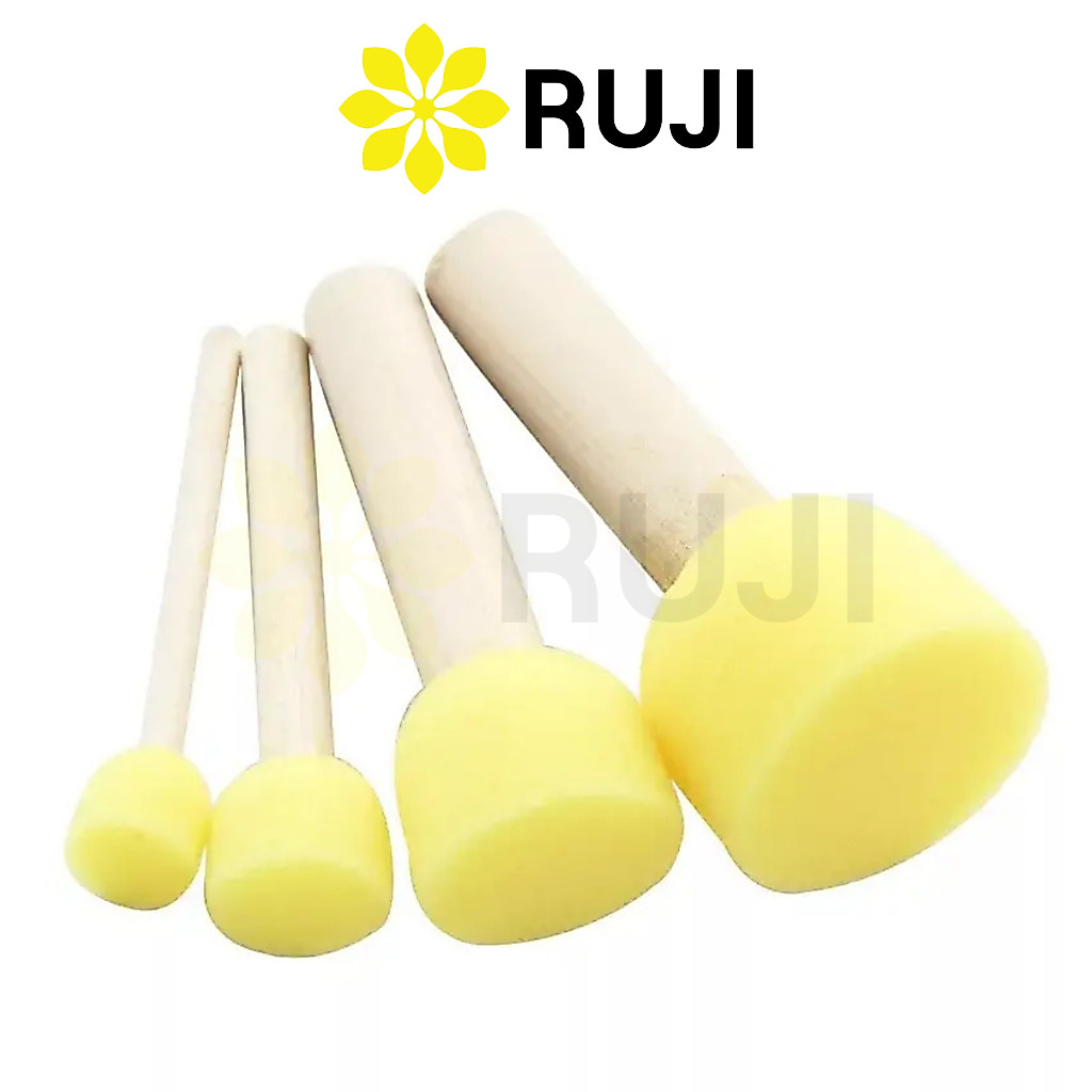 RUJI ASG04 ชุดแปรงหัวฟองน้ำด้ามไม้ 4 ชิ้น Sponge Brush แปรงระบายสี ฟองน้ำซับสี ฟองน้ำด้ามไม้ ฟองน้ำ ศิลปะ Official