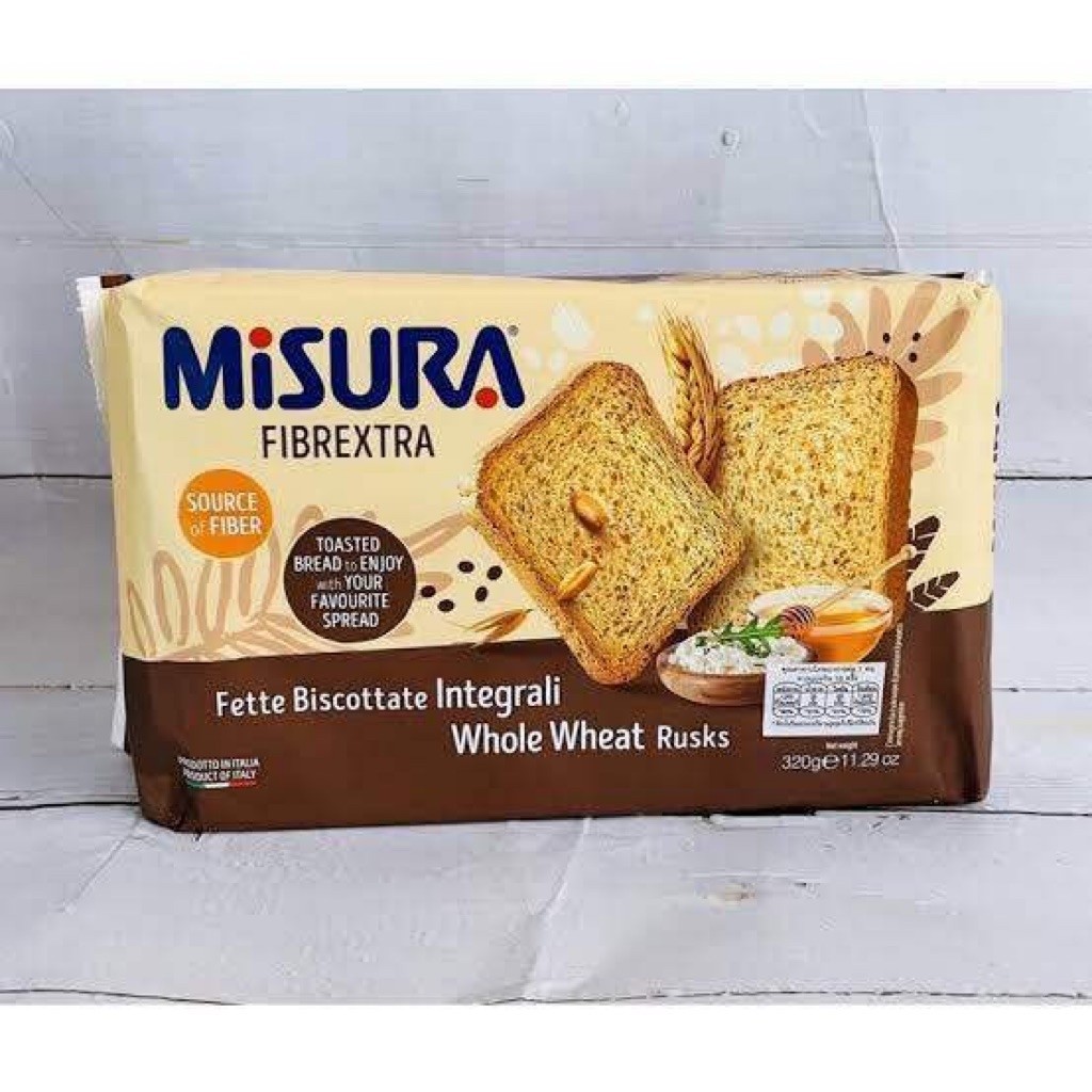 T/W Misura whole wheat rusks fibrextra 320 g. มิซุระ ขนมปังโฮลวีทอบกรอบชนิดแผ่น ผลิตที่อิตาลี