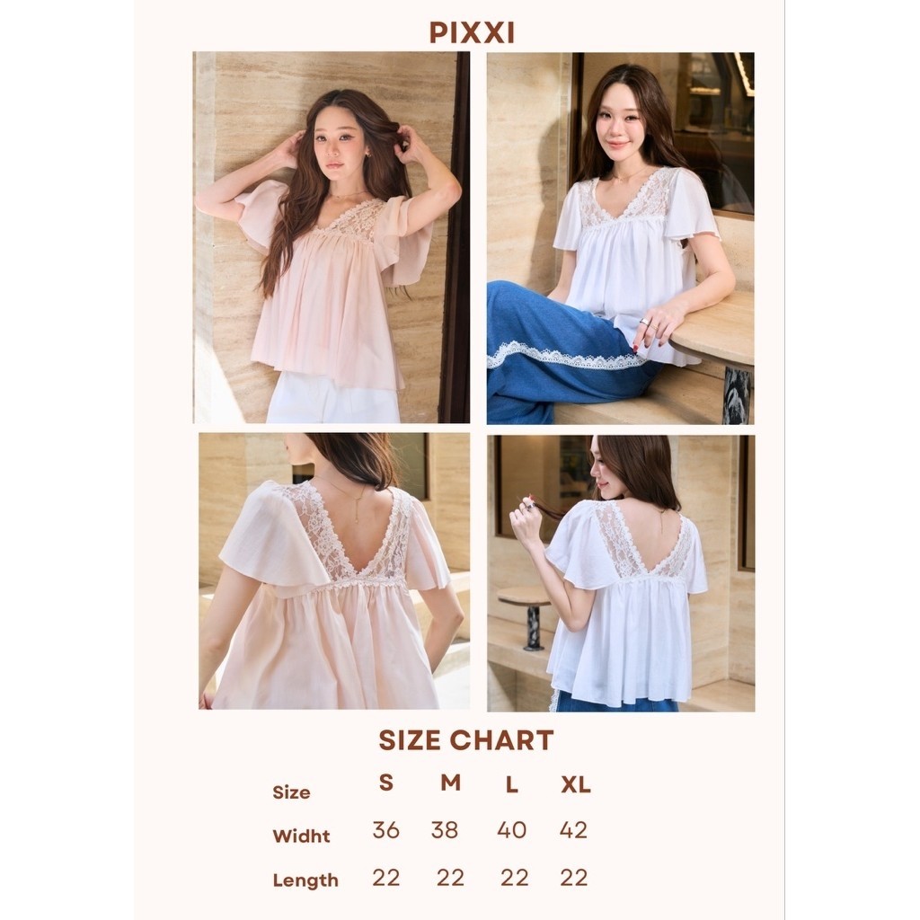 ร268 เสื้อPixxi 2สีขาว ชมพู เสื้อคอวีแต่งลูกไม้มาพร้อมแขนระบาย เนื้อผ้าลินินนุ่มๆ