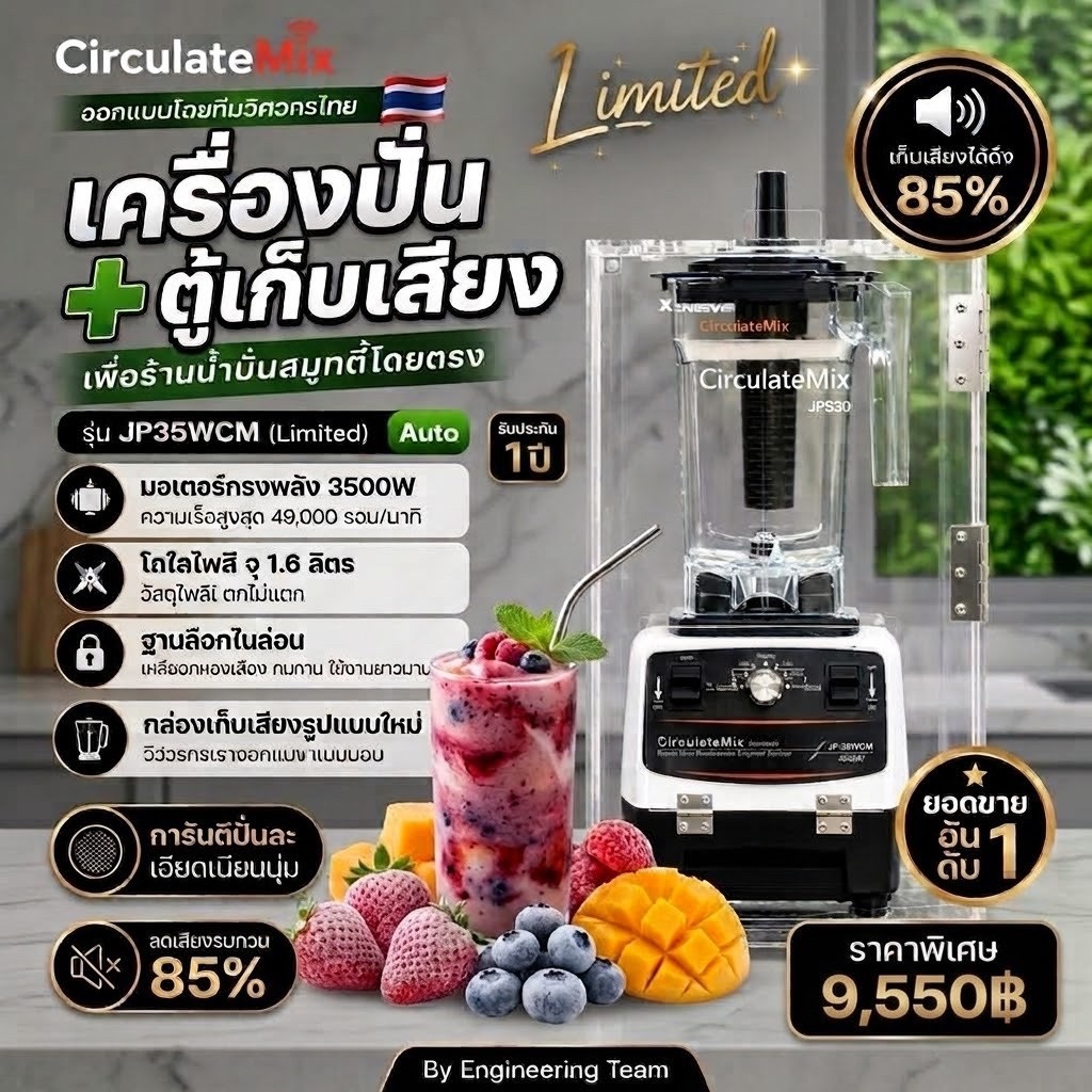 แพคคู่🌪️Cafe🌪️ต้องมี🥤เครื่องปั่นพาณิชย์ รองรับ100แก้ว/วัน เครื่องปั่นJP35(Auto)+ตู้เก็บเสียงอะคริลิคหนา8มิล