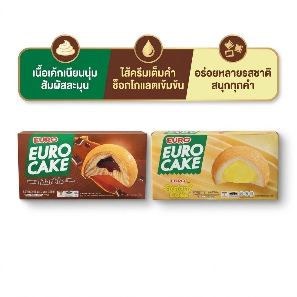 [1กล่อง12ซอง] Euro ยูโร่ คัสตาร์ดเค้ก อร่อยทุกที่ทุกเวลา ขนาด 204กรัม