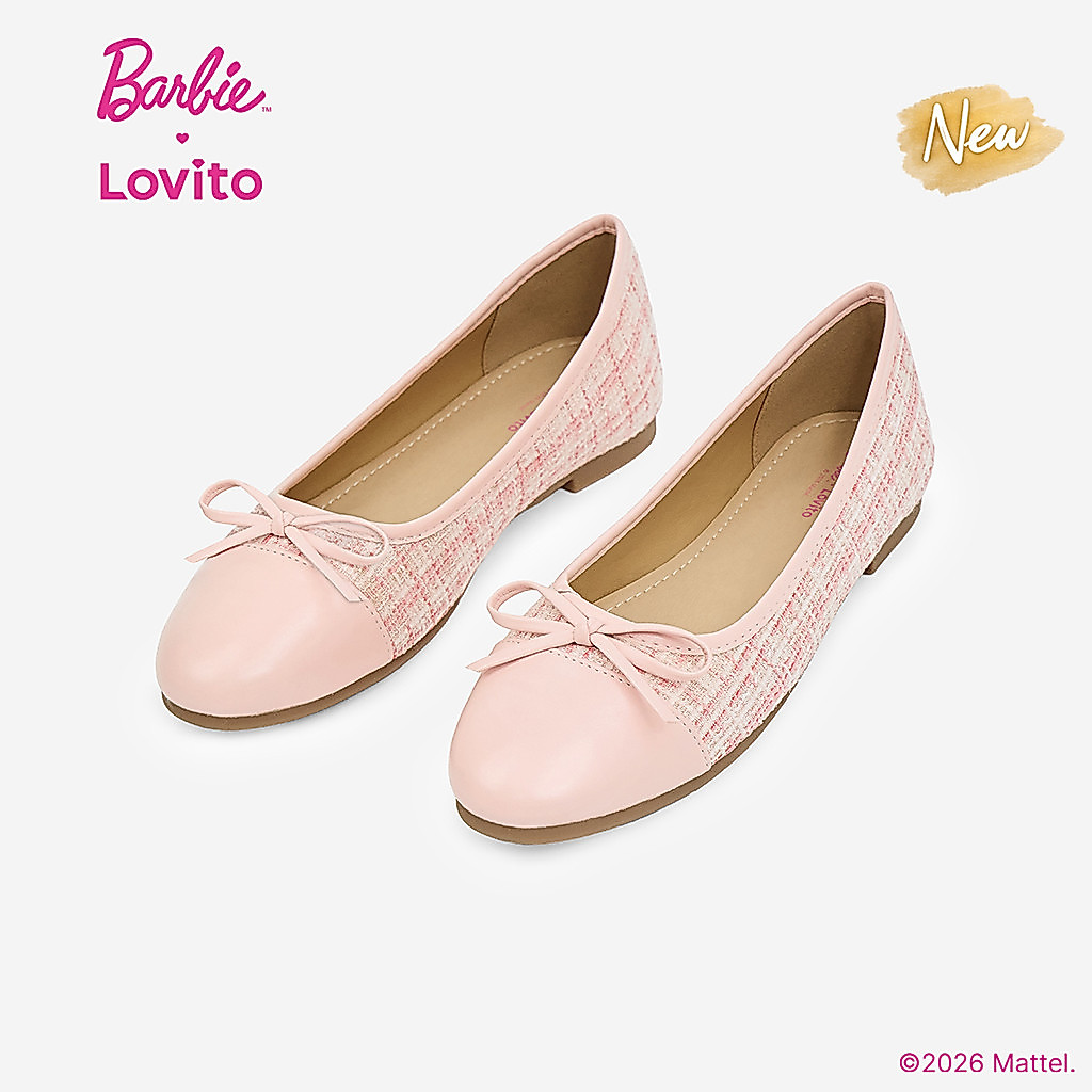 (New Arrival) Barbie™ X Lovito รองเท้าคัทชูแมรี่เจนดีไซน์หรู โบว์ตกแต่ง เย็บต่อผ้า สีชมพูบัลเลต์ สำหรับผู้หญิง SMBL6PAD041