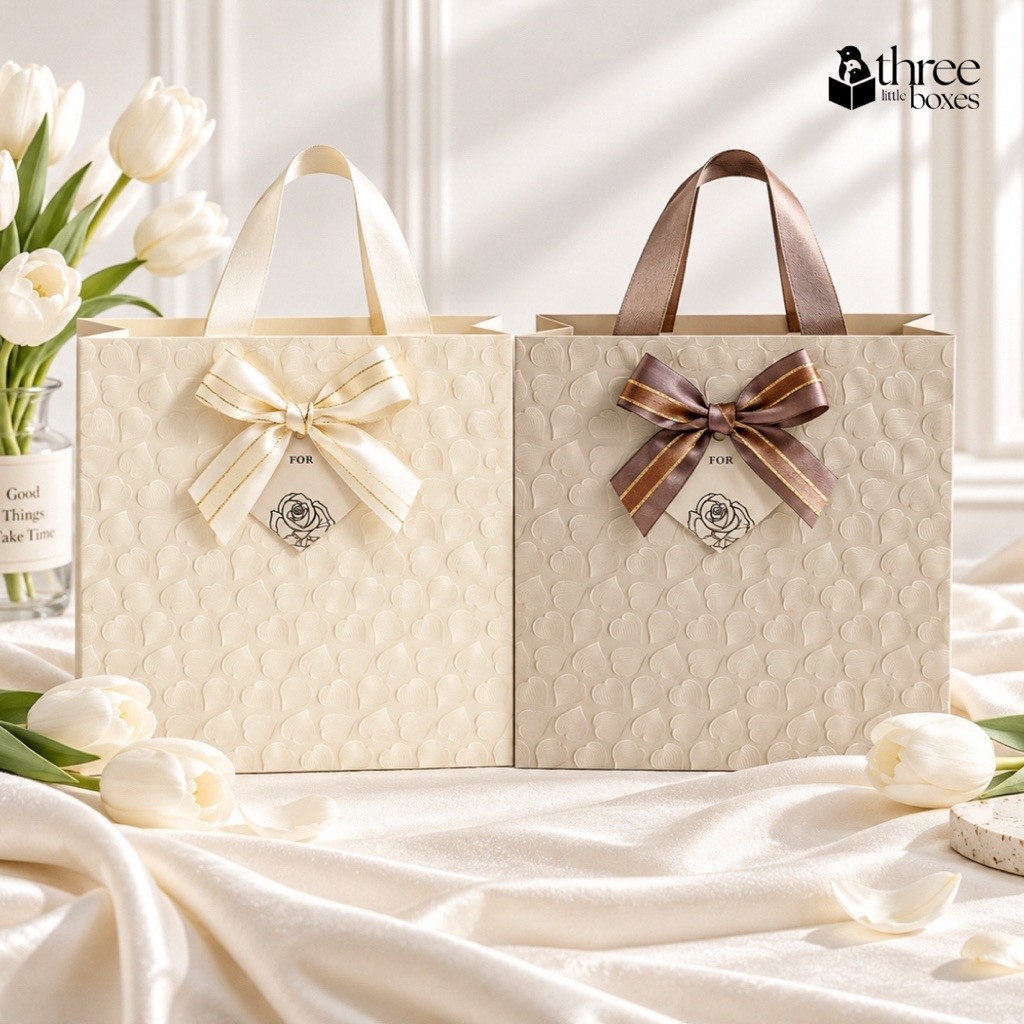 ถุงกระดาษ ลายหัวใจ Just for you ขนาด24x24x10cm. ปั้มนูน ฟอยล์rose gold หูริบบิ้นซ่อนปลาย ถุงใส่ของรับไหว้ รูปที่ 9