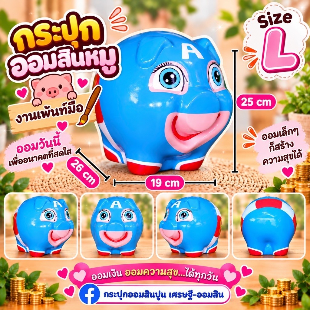กระปุกออมสินหมู ปูนปลาสเตอร์ เพ้นท์มือ ขนาดใหญ่ L | สีสด กันน้ำ ของขวัญเด็ก