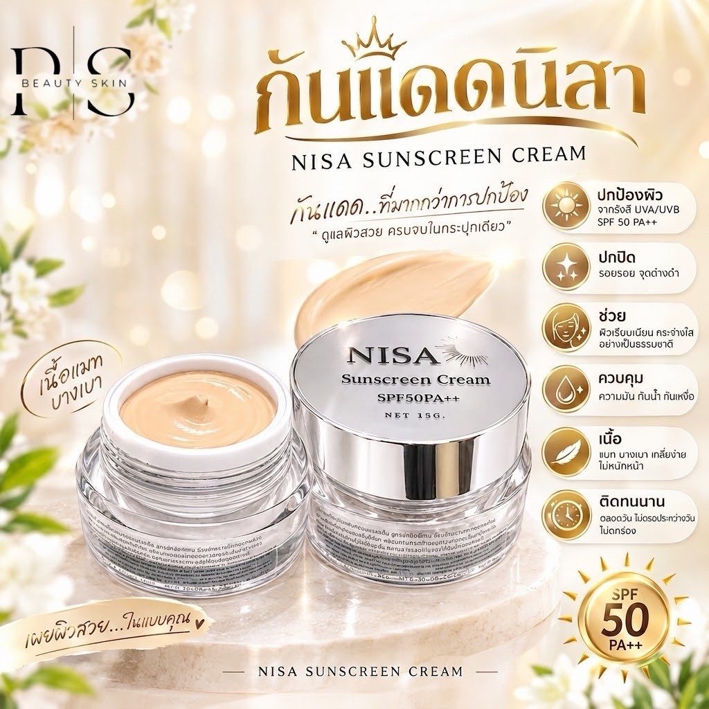 [สินค้าขายดี]กันแดดนิสา กันแดดแป้งแมทปกปิด เรียบเนียน กันน้ำ กันเหงื่อ ขนาด 15 กรัม (กระปุก Tester ไม่มีกล่อง )