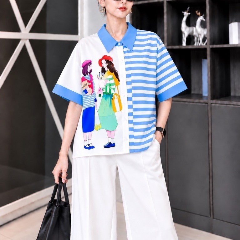 เสื้อเบลาส์คอกลมจับจีบหย่น แขนพอง แบบใหม่ สไตล์bohemian งาน Design เรียบง่ายดูเก๋ด้วย ลายกราฟฟิกของทางร้านงานผ้าลีนินไหม