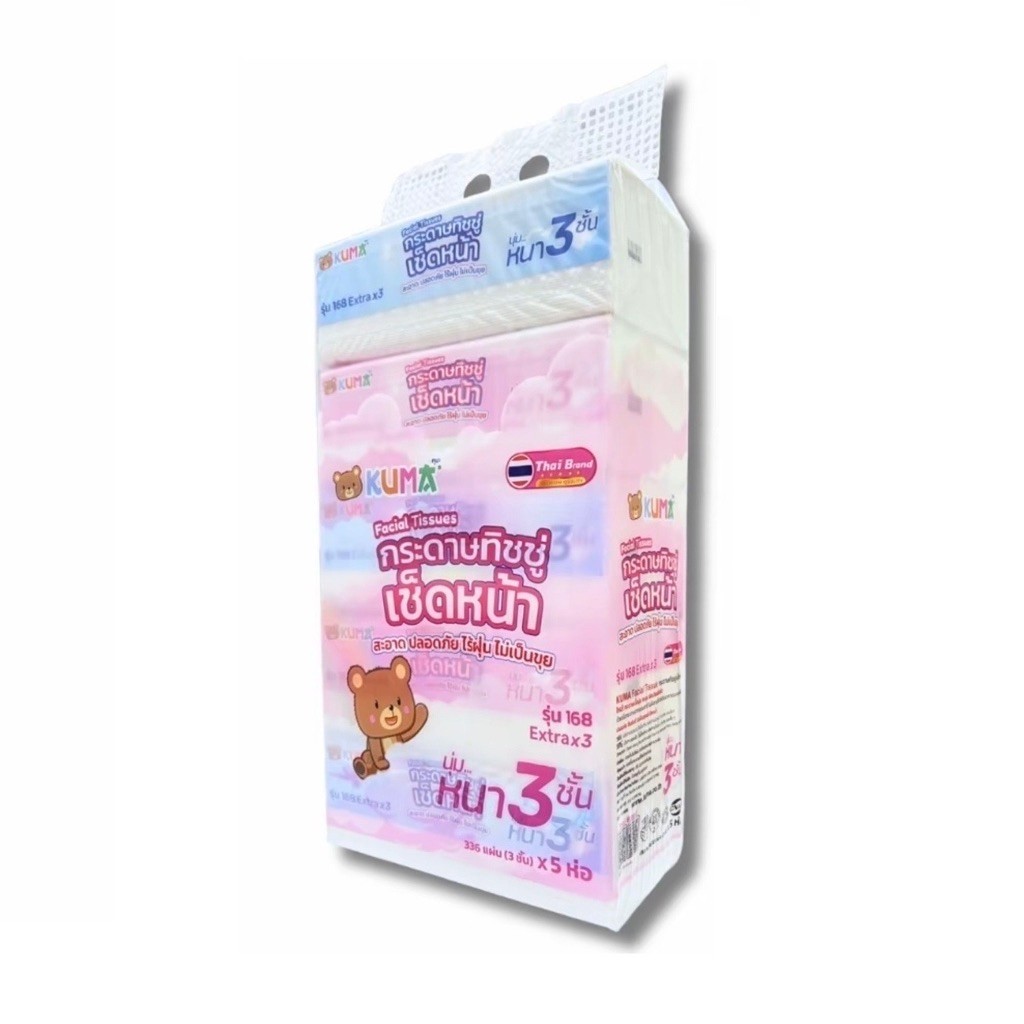 Kuma กระดาษทิชชู่คุมะเช็ดหน้า 168 Extra x3 หนานุ่ม 3 ชั้น แพ็ค5ห่อ