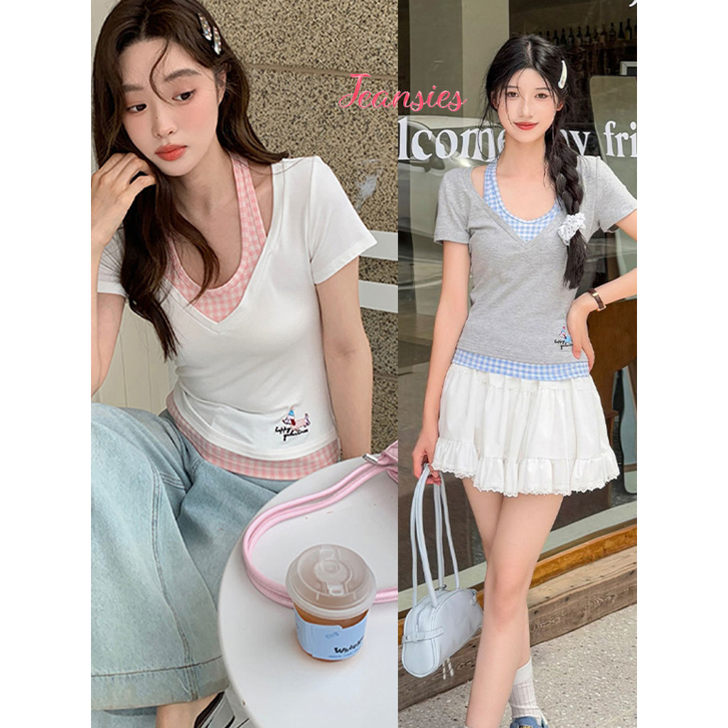 เสื้อยืดแขนสั้นคอคล้องตาราง สีเทาแมทช์ง่าย